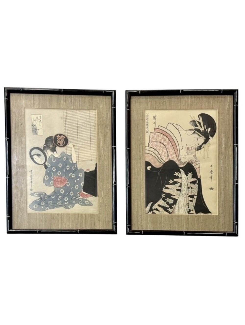 2 Kitagawa Utamaro Woodblocks Framed Showa Period Restrikes